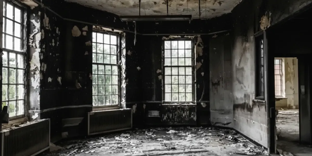 fire damage repair addressing severe interior damage and smoke residue inside a burned home in Cleveland, OH